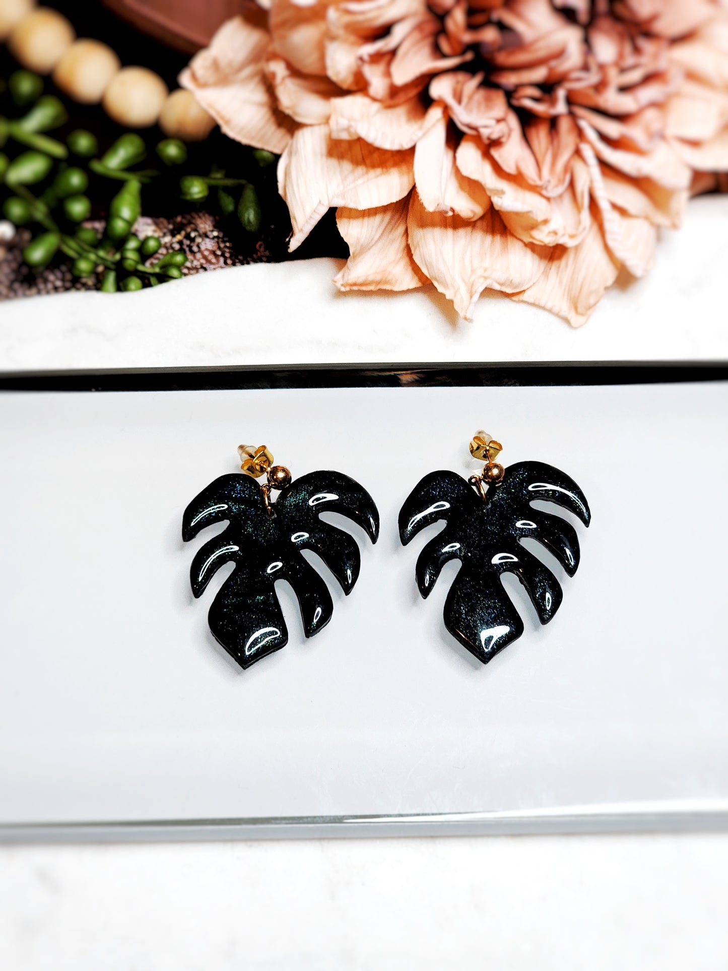 Metallic Black/Blue Monstera Dangles