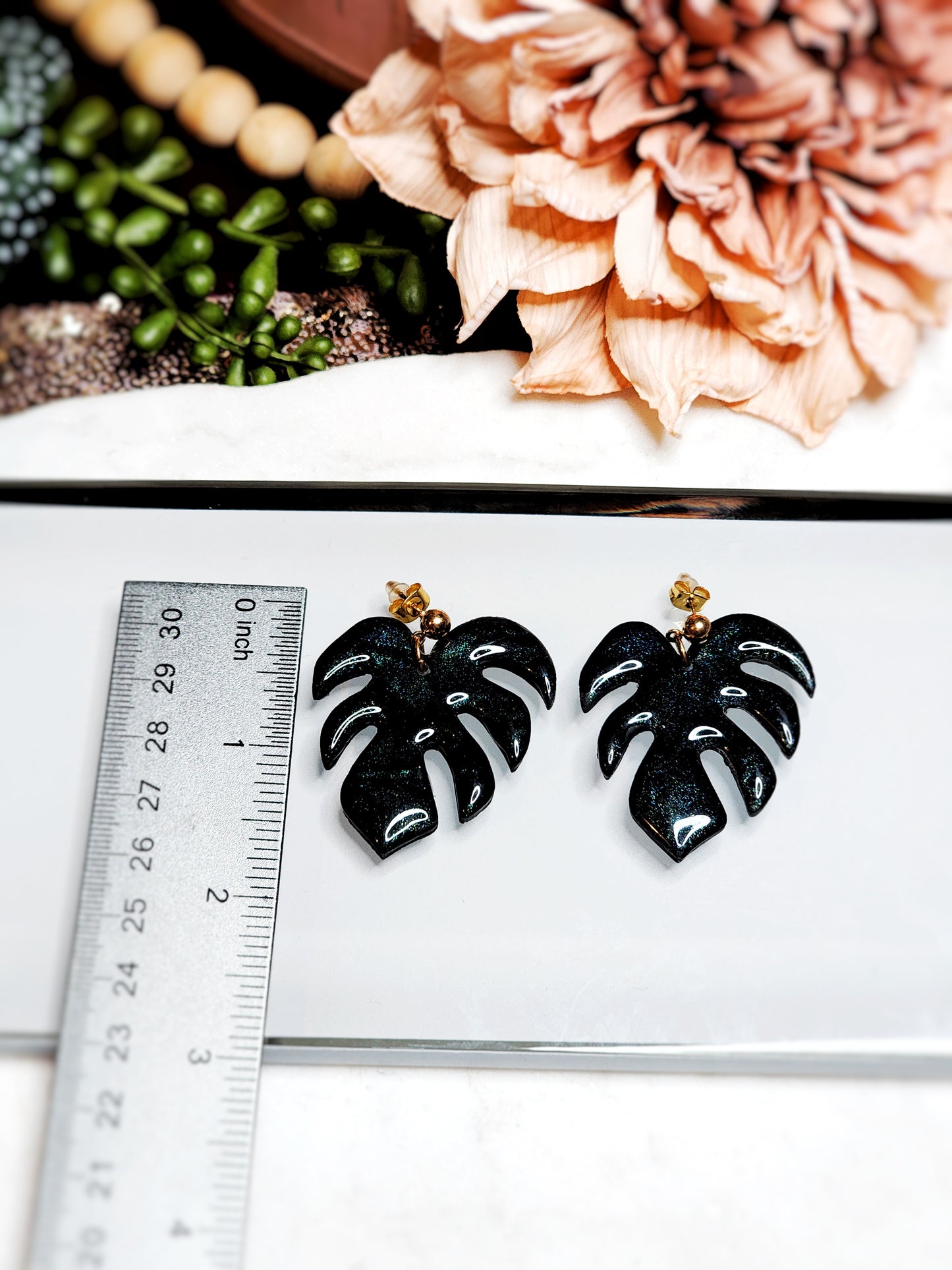 Metallic Black/Blue Monstera Dangles