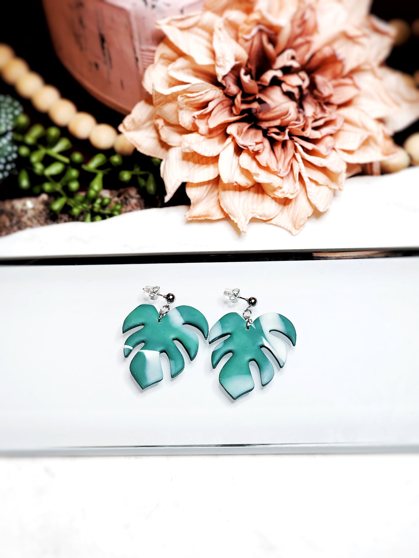 Green/White Monstera Dangles