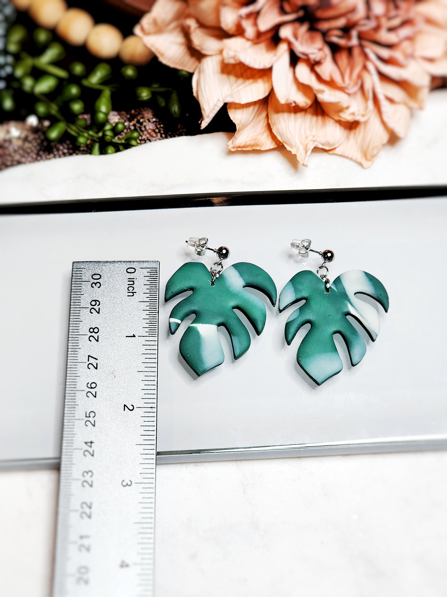 Green/White Monstera Dangles